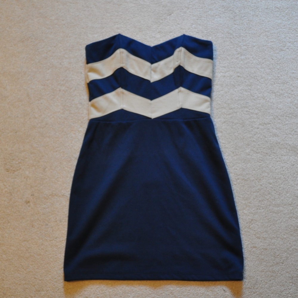 Lucca Couture Navy and White Striped Strapless Mini Dress